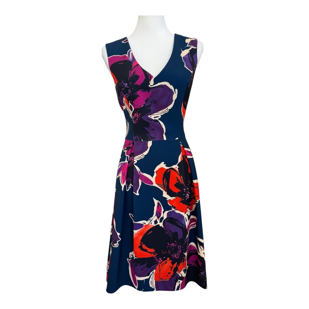 Trina Turk Navy Floral High-Low Dress with Purple & Red Accents